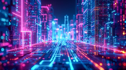 The image is a glowing blue and pink city.