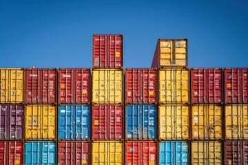 Fototapeta premium Colorful stacked shipping containers against blue sky for modern urban landscape concept