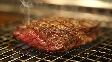 A large piece of steak is placed on the grill.