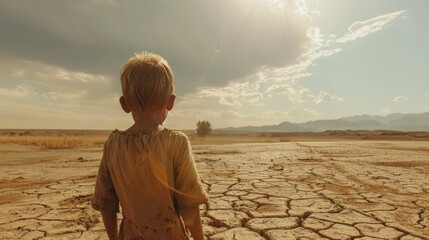 A lonely child in a dry place with no water to drink. - Powered by Adobe