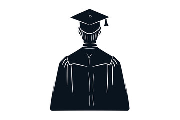 Graduate student with graduation cap and gown, back view, silhouette vector sketch illustration