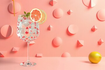 3d render of pattern with gin and tonic cocktail, geometric shapes on pastel background