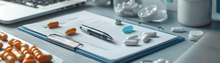 Laptop, folder with essential papers, efficiencyfocused desk, notebook and pen, key medication, ample copy space 8K , high-resolution, ultra HD,up32K HD