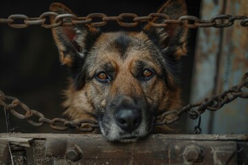 Heartwrenching sad dog, chained and restricted in its movements