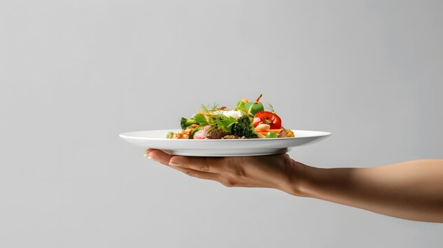 Hand Reaching for Complimentary Dessert Dishes Advertisement on White Background - Front View