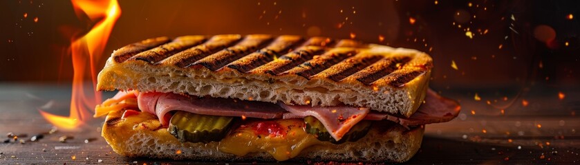 Cuban sandwich, pressed and grilled with ham, cheese, and pickles, vibrant street in Havana