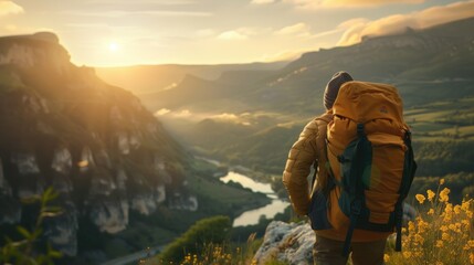 Hiker with backpack standing on top of mountain and looking at valley with morning sunlight