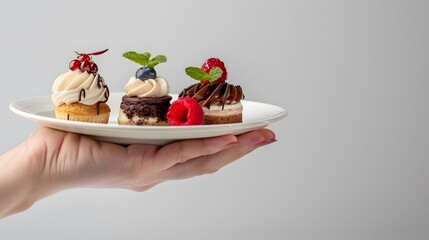 Close-up of Hand Holding Complimentary Dessert Dishes for Advertising on White Background - Front View