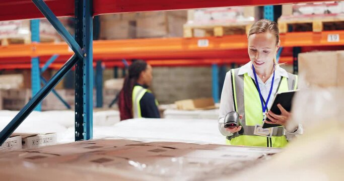 Woman, boxes and scanner with tablet logistics, e commerce or inventory management of order or courier. Industrial worker with barcode for price, information and package delivery on digital software