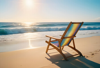 a beach chair on the sand with the sun setting behind it