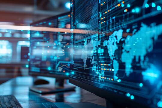 Modern data center with digital world maps on multiple computer screens and futuristic blue lighting.