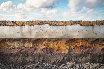 Cross-section of soil layers beneath a sky with clouds