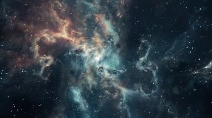 Fototapeta premium Abstract image of a starry night sky with swirling nebulae in shades of blue, orange, and black, creating a mesmerizing and ethereal cosmic scene