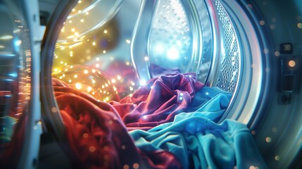 Close-up of colorful clothes inside a washing machine with glowing lights, creating a magical and vibrant atmosphere