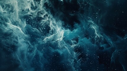 Abstract image of a starry night sky with swirling nebulae in shades of blue and black, creating a mesmerizing and ethereal cosmic scene