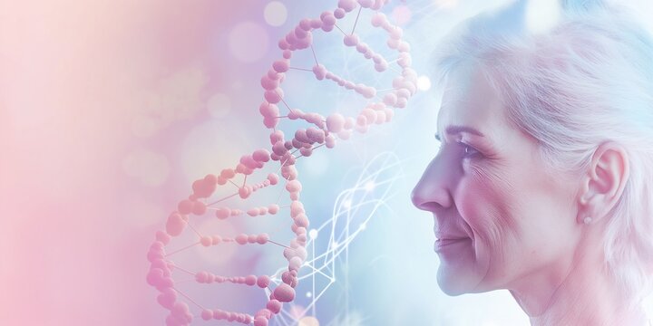Profile of a mature woman with a DNA double helix structure in the background, creating a concept of genetics and aging in a soft pastel color scheme