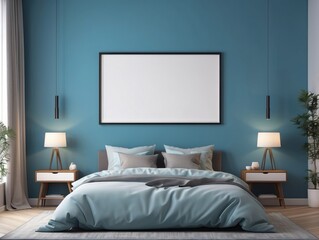 blank poster frame in light cozy and simple bedroom interior background