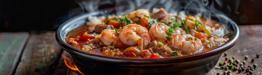 Gumbo, rich and hearty with seafood and sausage, served in a deep bowl, New Orleans jazz bar...