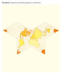 World Map in Gnomonic butterfly projection. High detail vector illustration featuring continents, ideal for infographics, education, reports, and presentations.