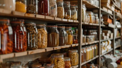 Fototapeta premium Home interior design, shelves and food storage space in the house, pantry organization.