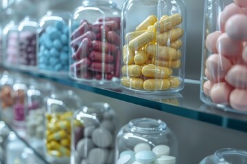 Various colored pill jars neatly arranged on glass shelves creating a vibrant composition.