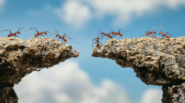 Macro shot of ants on two separate rocky cliffs with a blue sky background, symbolizing teamwork, nature, and overcoming obstacles.