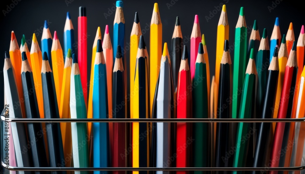 Poster a vibrant array of colored pencils standing upright in a holder with a sleek black background, perfe