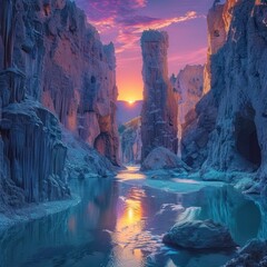 Stunning photo of an underground canyon with walls carved from blue and green rocks, reflecting the colors of dawn. towering rocks that create arches, ravines and surreal landscapes.