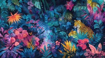 Fototapeta na wymiar Colorful wild tigers appear among the tropical foliage.