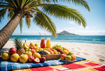 a picnic table with fruit and a blanket on the beach