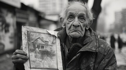 A homeless man holds a poster with a picture of a house.