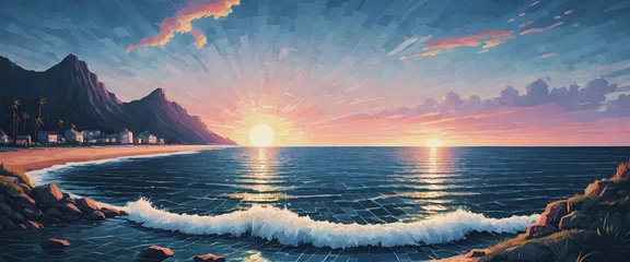 illustrazione di suggestivo tramonto marino in stile mosaico