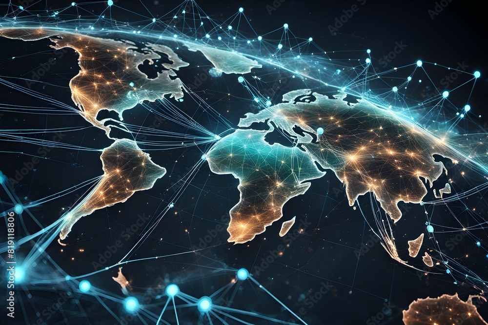 Poster global network connectivity depicted as a stylized data map. technology data background