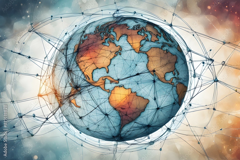 Poster global network connectivity depicted as a stylized data map. technology data background