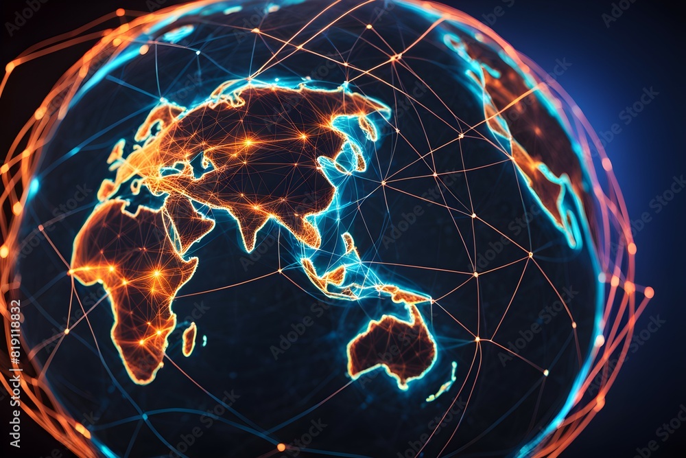 Poster global network connectivity depicted as a stylized data map. technology data background