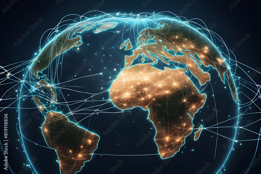 Poster global network connectivity depicted as a stylized data map. technology data background
