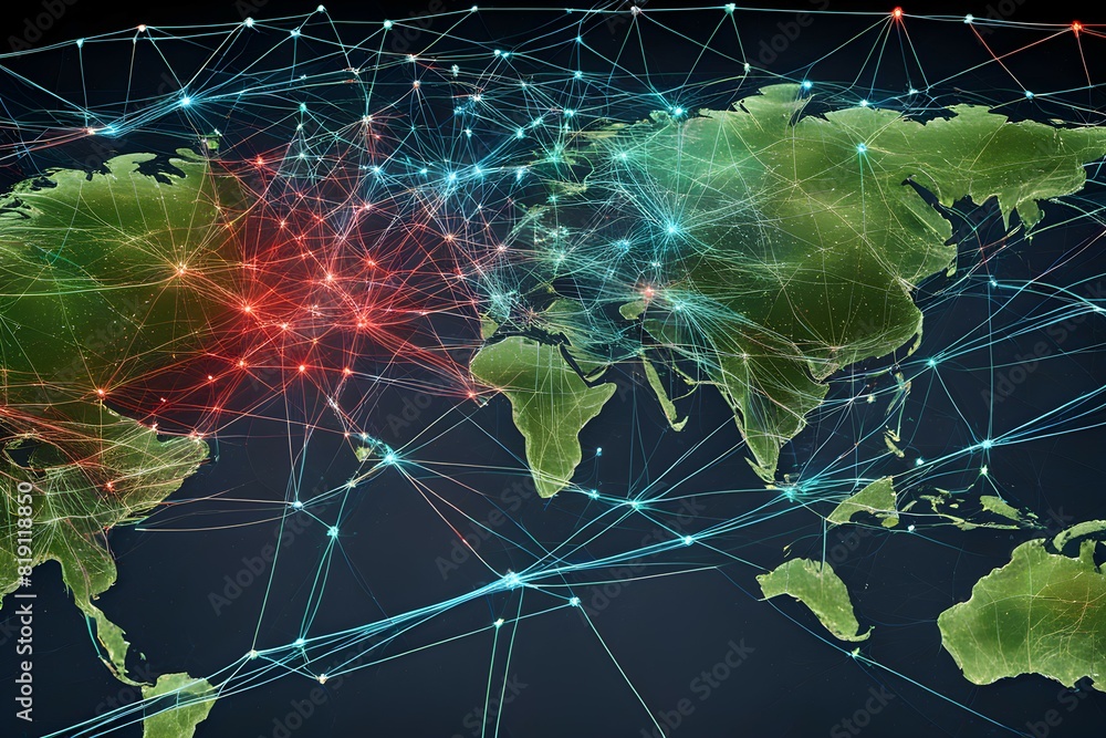 Poster global network connectivity depicted as a stylized data map. technology data background