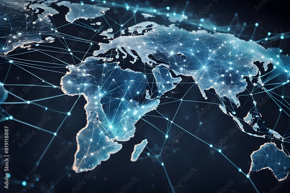 Poster global network connectivity depicted as a stylized data map. technology data background