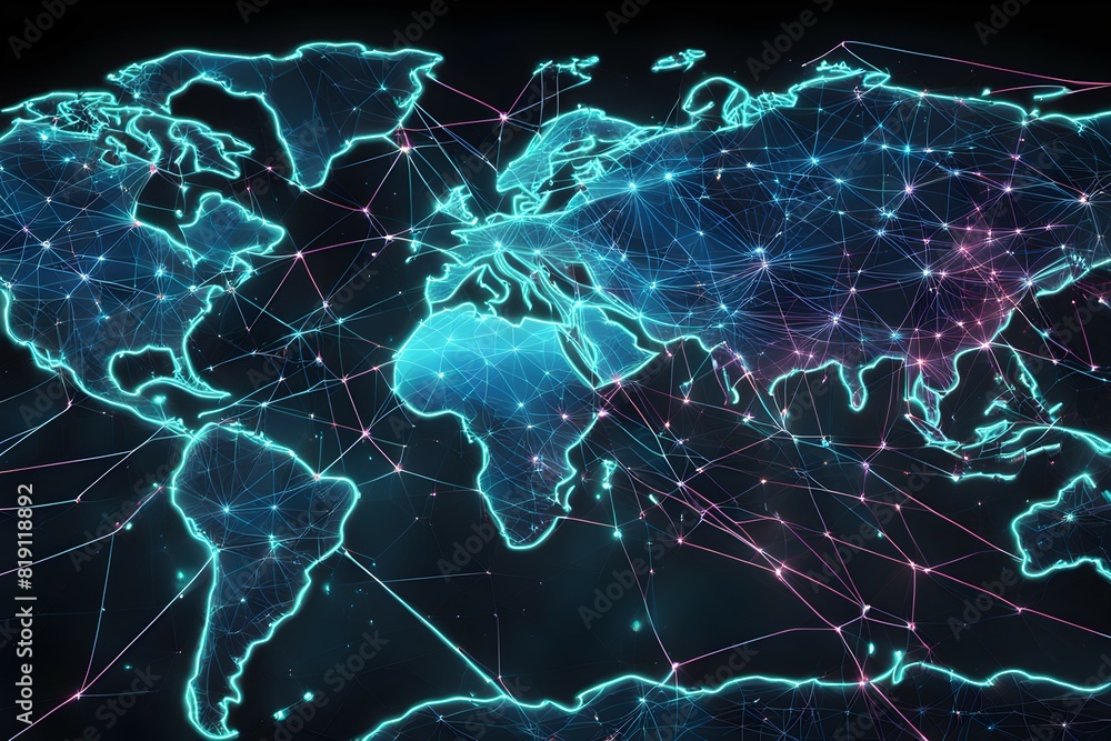 Poster global network connectivity depicted as a stylized data map. technology data background