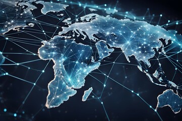 Global network connectivity depicted as a stylized data map. Technology data background