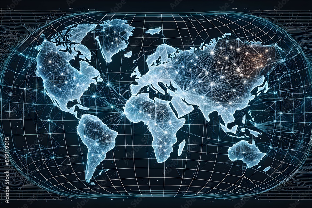 Poster global network connectivity depicted as a stylized data map. technology data background