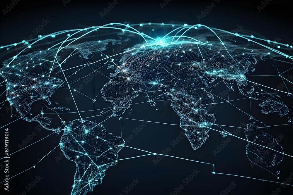 Poster global network connectivity depicted as a stylized data map. technology data background