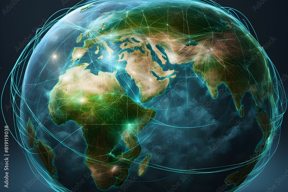 Poster global network connectivity depicted as a stylized data map. technology data background