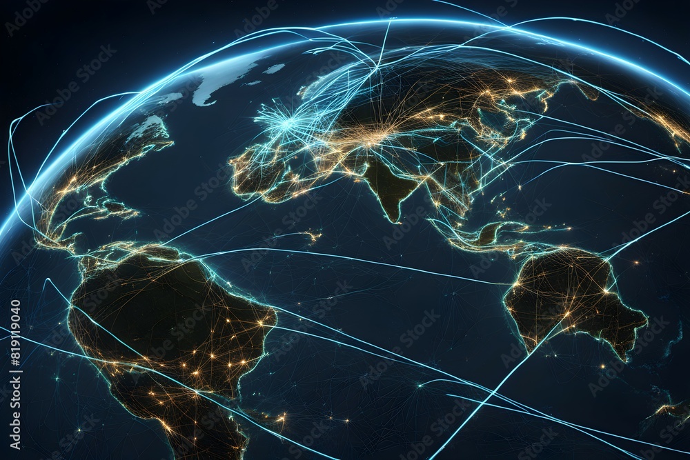 Poster global network connectivity depicted as a stylized data map. technology data background