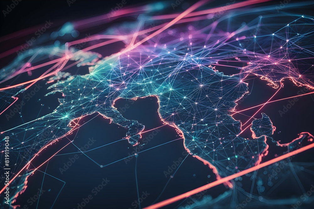 Poster global network connectivity depicted as a stylized data map. technology data background