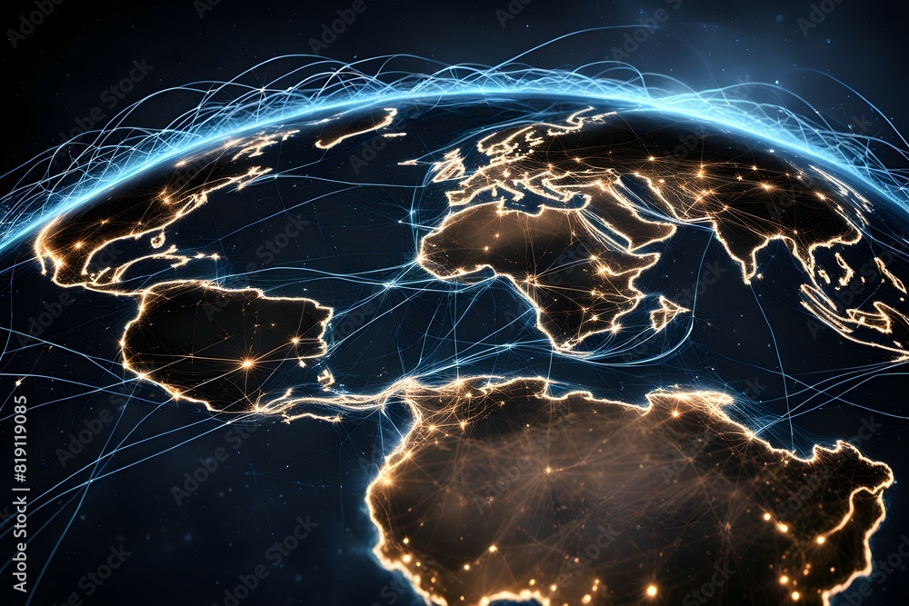 Poster global network connectivity depicted as a stylized data map. technology data background