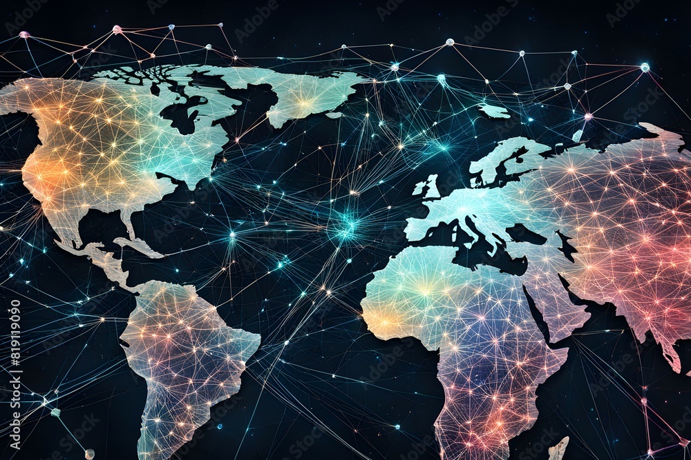 Poster global network connectivity depicted as a stylized data map. technology data background
