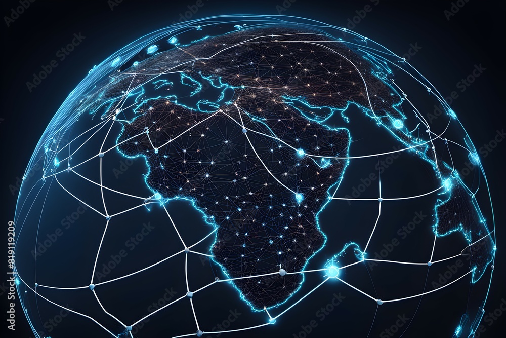 Poster global network connectivity depicted as a stylized data map. technology data background