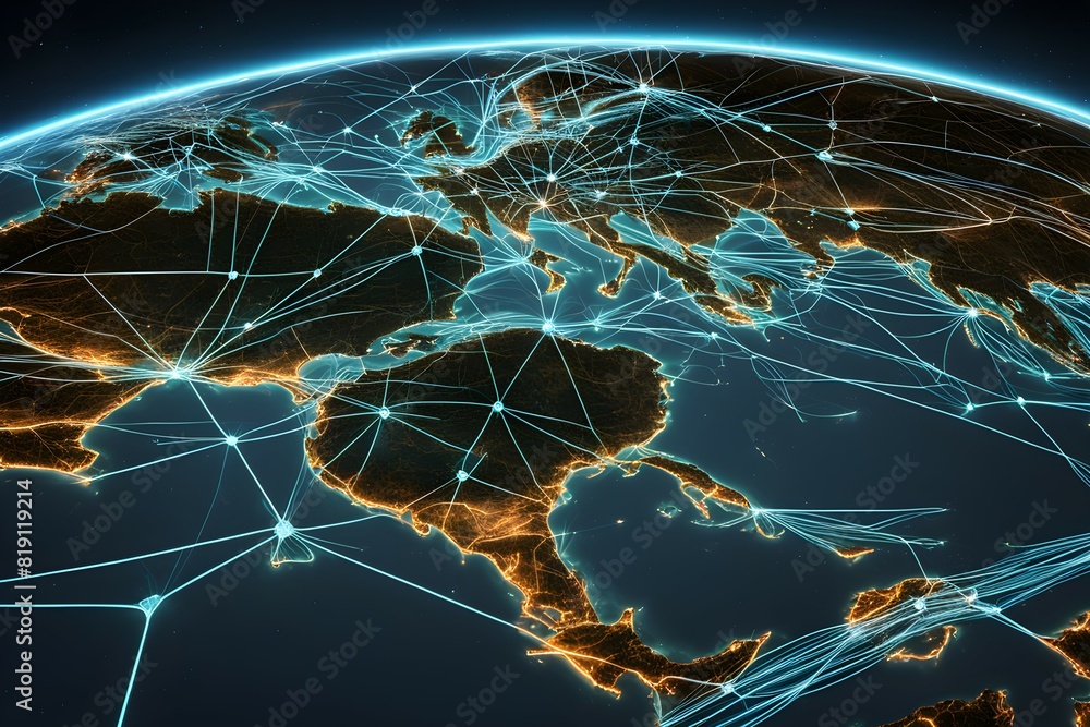 Poster global network connectivity depicted as a stylized data map. technology data background