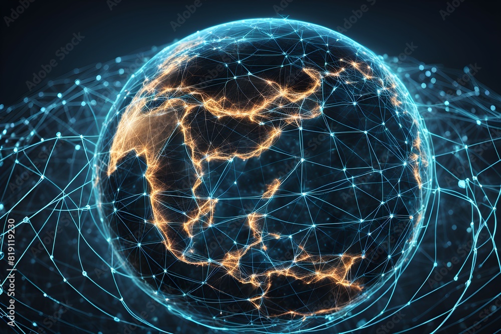 Poster global network connectivity depicted as a stylized data map. technology data background